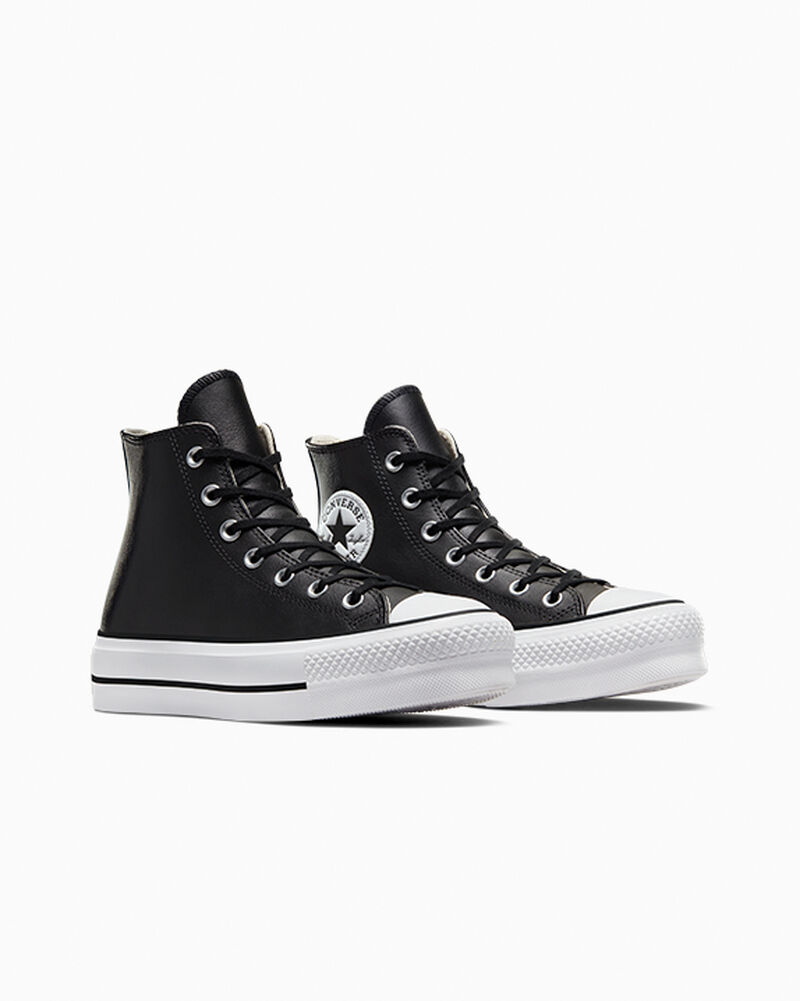 Dámské Boty Na Platformy Converse ​Chuck Taylor All Star Lift Læder Černé Černé Bílé | 6873-ZVARS