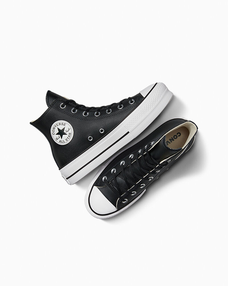 Dámské Boty Na Platformy Converse ​Chuck Taylor All Star Lift Læder Černé Černé Bílé | 6873-ZVARS
