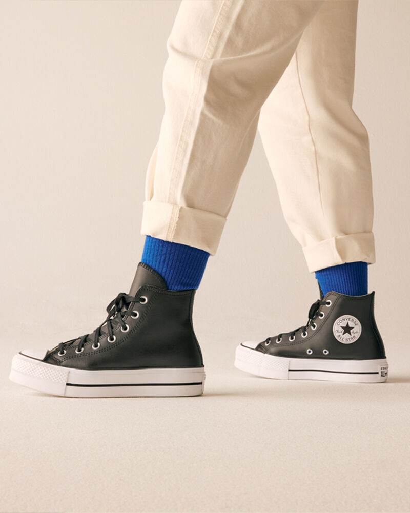 Dámské Boty Na Platformy Converse ​Chuck Taylor All Star Lift Læder Černé Černé Bílé | 6873-ZVARS