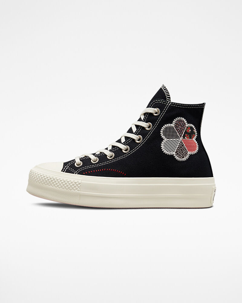 Dámské Boty Na Platformy Converse ​Chuck Taylor All Star Lift Crafted Patchwork Černé Červené | 9135-NYAMF