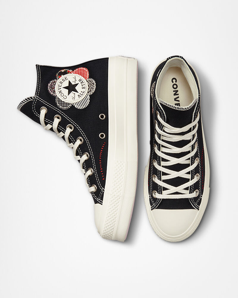Dámské Boty Na Platformy Converse ​Chuck Taylor All Star Lift Crafted Patchwork Černé Červené | 9135-NYAMF
