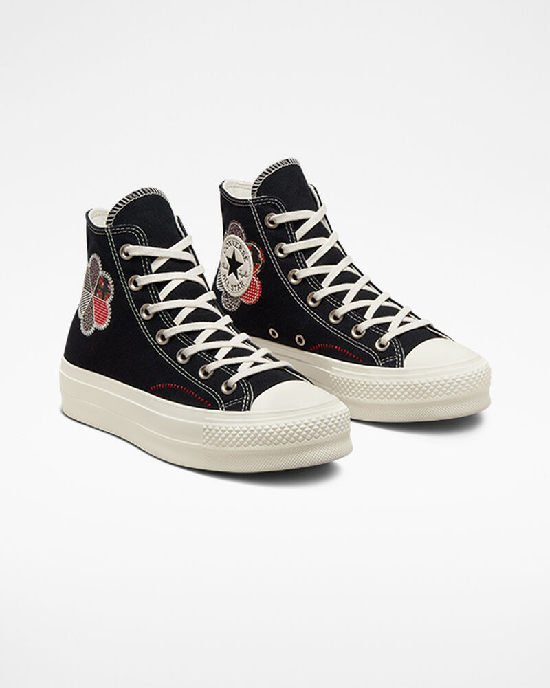 Dámské Boty Na Platformy Converse ​Chuck Taylor All Star Lift Crafted Patchwork Černé Červené | 9135-NYAMF