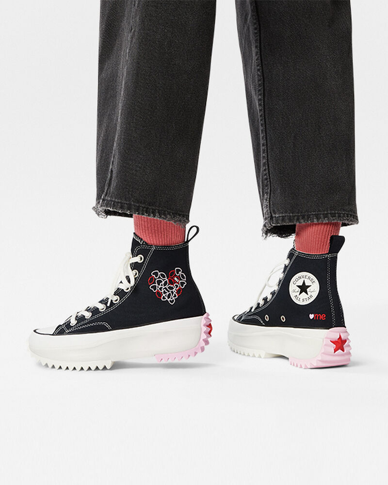 Dámské Vysoké Converse ​Run Star Hike Embroidered Hearts Unisex Černé Červené | 3098-CVSMY