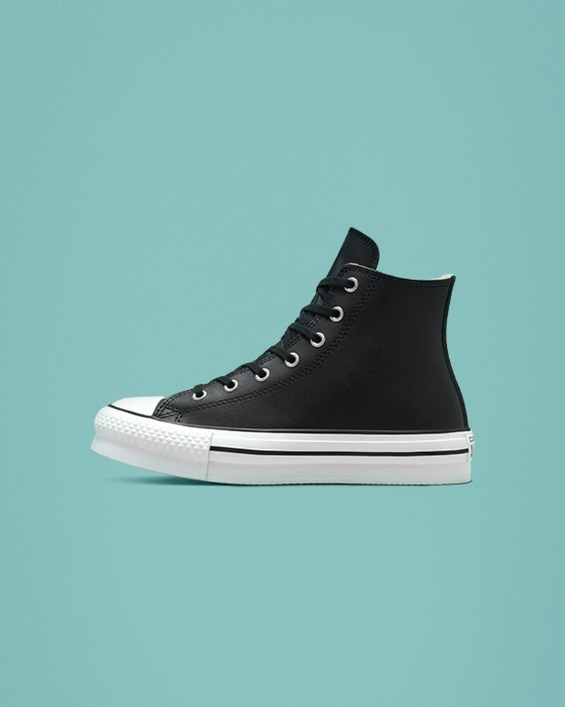 Dětské Boty Na Platformy Converse ​Chuck Taylor All Star Lift Læder Big Kids Černé Béžový Bílé Bílé | 3704-LORMB