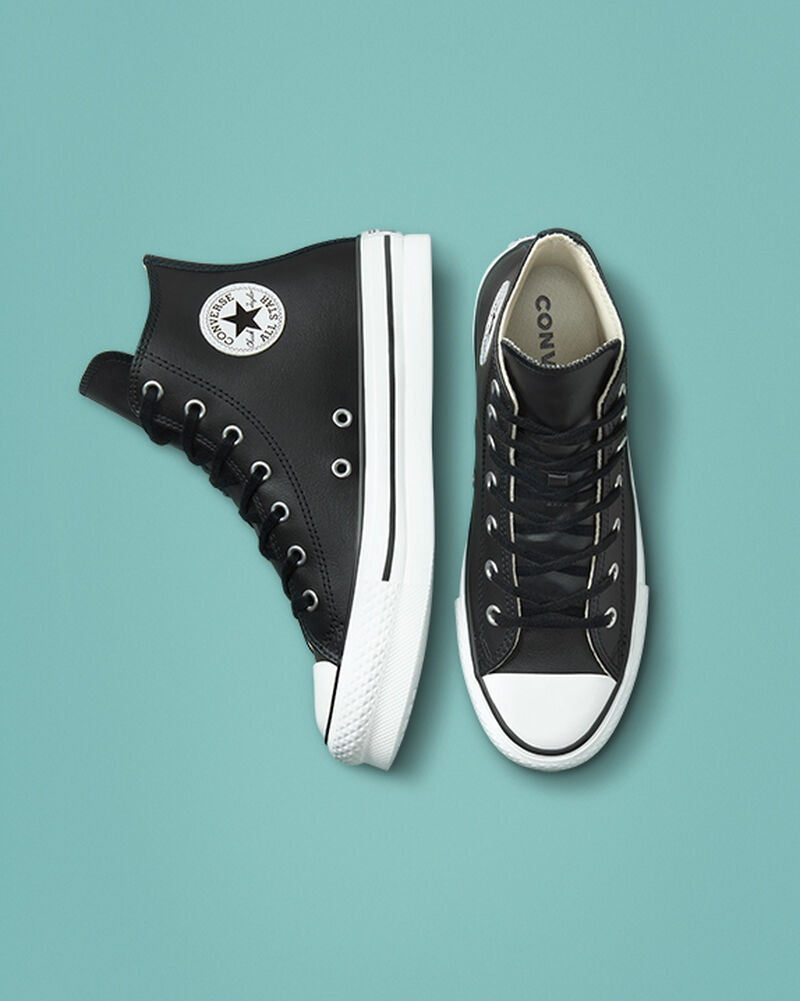 Dětské Boty Na Platformy Converse ​Chuck Taylor All Star Lift Læder Big Kids Černé Béžový Bílé Bílé | 3704-LORMB