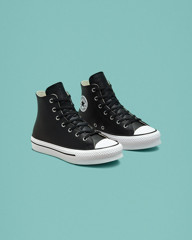 Dětské Boty Na Platformy Converse ​Chuck Taylor All Star Lift Læder Big Kids Černé Béžový Bílé Bílé | 3704-LORMB