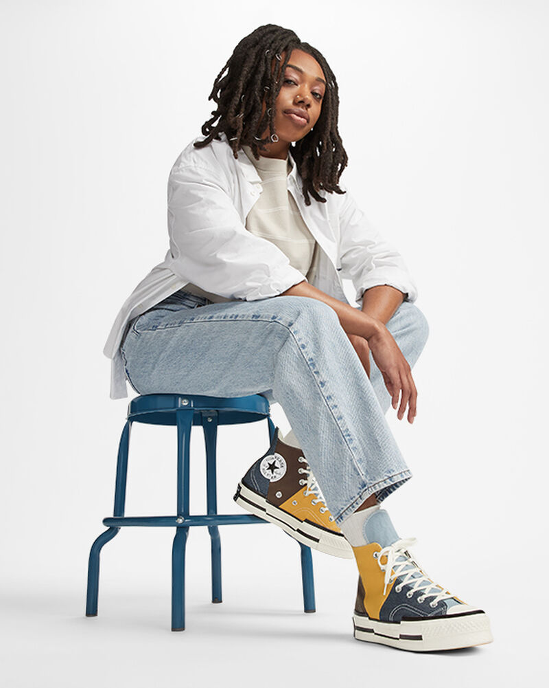 Pánské Vysoké Converse ​Chuck 70 Plus Materiál Mashup Unisex Hnědé Tmavě Blankyt | 7084-JDSIV